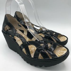 Fly London Yadi Interwoven Black Patent Leather Peep-toe Wedge Sandals. Size 9.